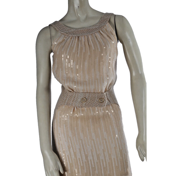 CHANEL 01A Fall 01 Beige 2 Piece Sleeveless Sequin Dress Maxi Tweed Coat Suit 38 - Picture 10 of 16